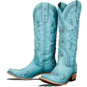 Women's Blue Knee High Western Cowgirl Boots Pointed Toe Chunky Heel Pull on